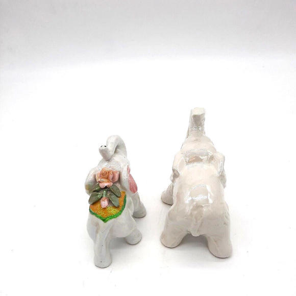 Vintage Pair Of Ceramic Iridescent Pearlescent Elephant Figurines Trunks Up - Picture 4 of 8